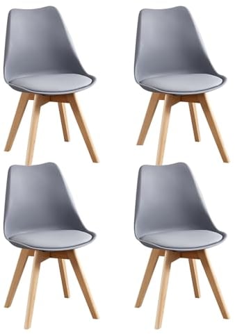 HJhomeheart Juego de 4 Sillas de Comedor, Patas de Madera Maciza, Cojín de Silla Extraíble, Silla de Cocina, Silla Moderna (Gris-4)