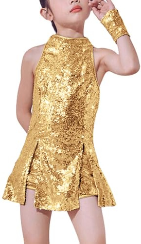 LOLANTA Mädchen Pailletten-Kostüm Hip Hop Dancewear Funkelndes Tanzkleid Gesetzt, Gold, 8-9 Jahre, 140