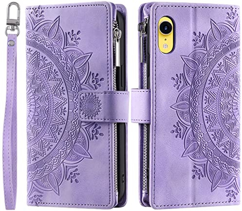 VEEMOS Wallet Case for iPhone XR Flower Flip Case Protective Leather Folio Book Phone Cover with Card Slots Kickstand Zipper Pocket - Purple
