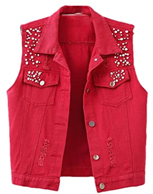 Adhdyuud Damen-Denim-Weste, Perlen-Dekoration, kurze Jeans-Mantel, einfarbig, lässig, Tank Top, Loch, Nietenweste, rot, 54