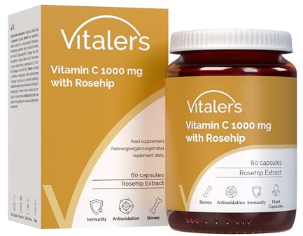 Vitaler's Vitamin C mit Hagebutte 1000 mg - 60 Kapseln, Vegan, 2 Monate Nahrungsergänzung, ohne Konservierungsstoffe, reine Zusammensetzung