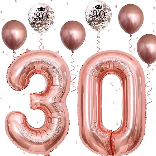 30th Birthday Decorations for Women, 30th Birthday Party Decorations with Giant Foil Number 30 Balloon Birthday Print Confetti Latex Balloon Metallic Rose Gold Balloon for 30th Birthday Balloons Decor