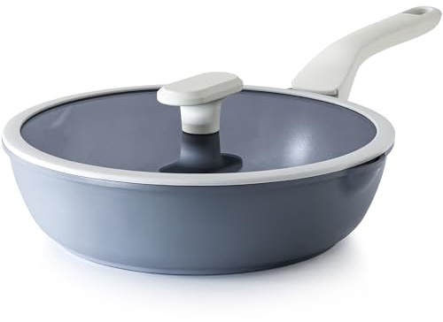 PRICUSIS Sauteuse profonde antiadhésive en céramique avec couvercle, poêles non toxiques de 25,4 cm avec double bec verseur, poignée d'aide et couvercle, passe au lave-vaisselle (25,4 cm, gris)