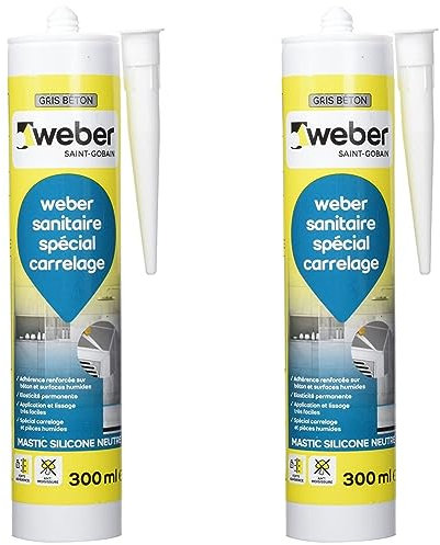 Mastic silicone neutre résistant aux moisissures, Gris Béton, 300 ml, weberseal tile (Lot de 2)