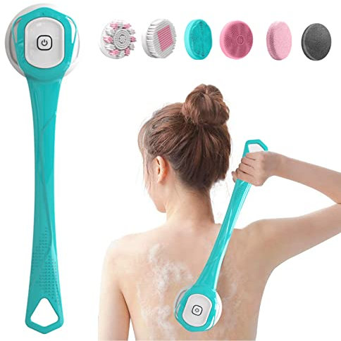 mumisuto Spazzola Schiena Doccia Elettrica, 6 in 1 Spazzola per Corpo Doccia, Spazzola da Doccia con Manico Lungo, Spazzola Bagno Schiena Multifunzionale per Esfoliante, Pulizia Della Pelle (Blu)