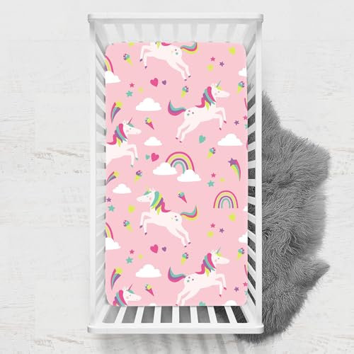 Odot Drap Housse pour Lit de Bébé, Impression de Licorne Draps Housses Enfants Respirant Douce Extensible Protège Matelas pour Lit Bébé, Berceau, Lit Parapluie (80x160 cm,rose)