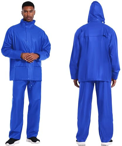 Navis Marine Set di tuta antipioggia da uomo, impermeabile e robusto, con cappuccio regolabile, elastico in vita per lavoro e attività all'aria aperta WS-001, Blu, XL