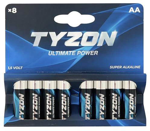 TYZON® Batterie Alcaline AA 1.5V Confezione da 8 | Lunga Durata, Alta Densità Energetica, Ideali per Consumo Minimo