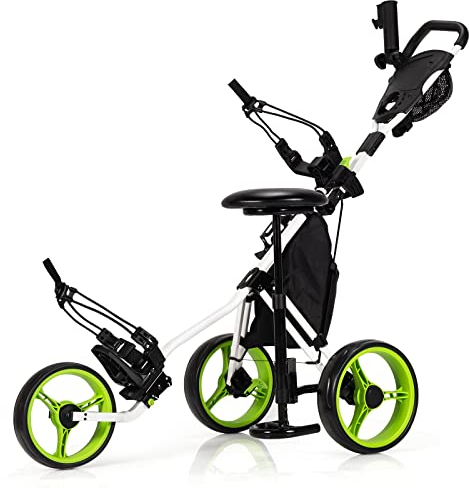 COSTWAY Golf Trolley, 3 Rad Golftrolley klappbar, Golfcaddy aus Aluminum mit Sitz, Verstellbarer Griffe & Vorderrad, Golfwagen mit Schirmhalter & Aufbewahrungstasche (Grün, Mit Sitz)