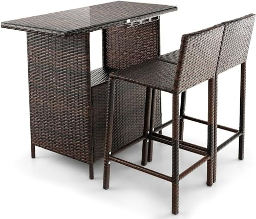 GiantexUK 3PCS Rattan Bar Table Set, Metal Frame Patio Bistro Set with Storage Shelves, 3 Goblet Racks, Glass Tabletop and Footrests, Outdoor Garden Furniture Set for Deck Poolside