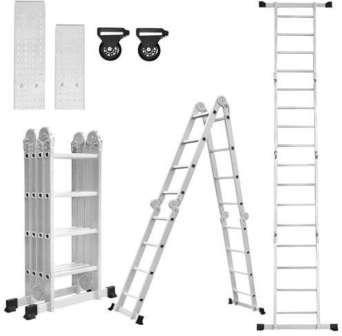 SAILUN 7-in-1 Multi-Purpose Aluminium Ladder 4 x 4 Steps Folding Ladder with Platform and Wheels for Outdoor and Indoor, 4.7m Max Load 150KG