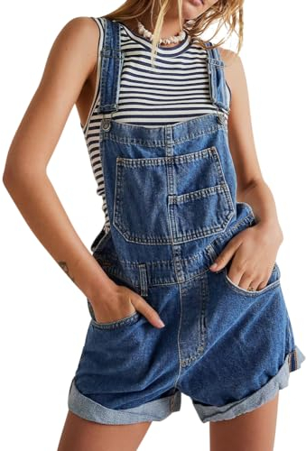 Odizli Latzhose Damen Kurz Sommer Baumwolle Jeans Overall Denim Jeanslatzhose Jumpsuit Einteiler Playsuit Arbeitslatzhose Große Größen Loose Fit Hoseanzug Romper Dunkelblau XL
