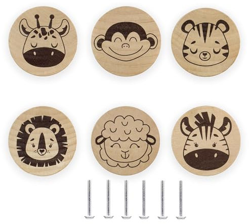 Lasyman 6Pack 1.8(45mm) Round Wood Safari Animal Lion Handles Baby Kids Dresser Door Furniture Knobs and Handles Nursery Decor Unique Cabinet Drawer Pulls