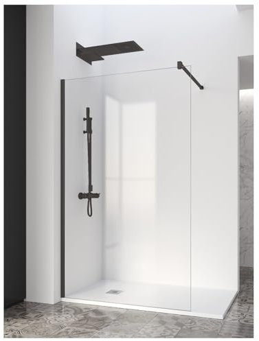Mampara ducha fija 80x195 FABRICACION ESPAÑOLA Mampara de ducha 6mm Antical Barra de sujeción inoxidable Cristal Transparente Panel Fijo Mampara Cristal Templado PERFIL NEGRO MATE 80X195