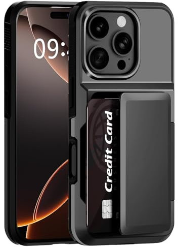 LIUQIJIA for iPhone 16 Pro Case with Card Holder Shockproof Case for iPhone 16 Pro Phone Case Heavy Duty Protective Case Hard Back Soft Bumper Card Slot Wallet Case Cover for iP 16 Pro,Black