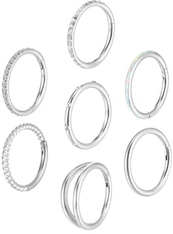 Lusofie 7pcs Nasenpiercing Ring Silberfarben Chirurgischer Stahl Nasenring CZ Klappbarer mit Scharnier Silber Piercing Nase Clicker Ring Septum Piercing Helix Ohrring für Frauen und Männer(18G, 8 mm)