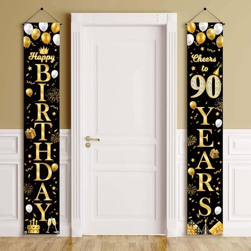 90th Birthday Decorations Door Banner - Black Gold Happy 90th Birthday Party Decoration Door Porch Sign Banners Backdrop for Women Men 90 Years Old Party Indoor Outdoor Decor Supplies