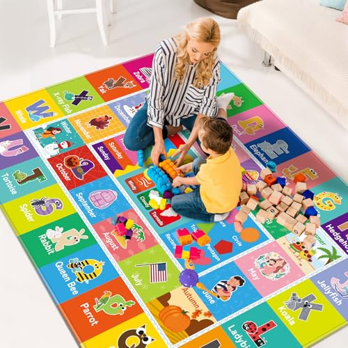Kinderteppich für Spielzimmer, Baby-Spielmatte mit Alphabet, Monat, Wetter, Woche und Formen, ABC, pädagogischer Teppich, Kinderspielteppich für Schlafzimmer, Klassenzimmer (150 x 100 cm, Wetter)