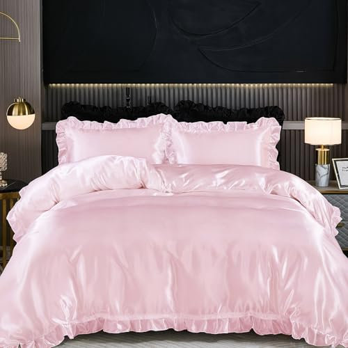 Guchuang Bedding Pink Silk Bedding Set with Ruffle Duvet Cover Double Size 3 Pieces Luxury Smooth Microfiber Quilt Cover with 2 Pillowcases 200x200cm
