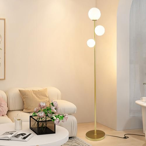 Wylolik Lampadaires modernes nordiques 3 boules verre blanc lampe sur pied de luxe métal doré lumière sur pied intérieur salon décoratif lampe verticale interrupteur pied G9 source de lumière pour cha