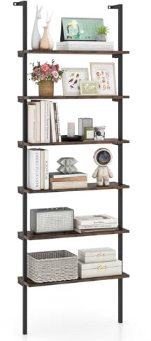 CASART 6-Tier Industrial Ladder Shelf, Wall Mounted Bookshelf Storage Shelving Unit with Metal Frame, Open Storage Rack Plant Stand Display Shelf for Living Room Office Bedroom Kitchen (Rustic Brown)