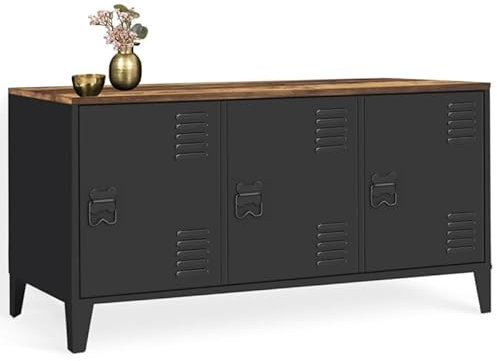 IDMarket - Anrichte unten 113 cm, Ester, 3 Türen, Metall, schwarz, Platte aus dunklem Holz, Antik-Optik, Industriedesign