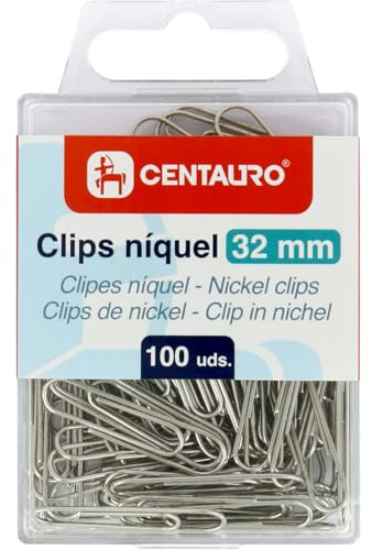 Centauro - Box mit 100 Büroklammern, 32 mm, Nickel, silberfarben, zum Befestigen von Berichten, Präsentationen, Notizen, Notizen und allen Arten von Schul- und Bürodokumenten