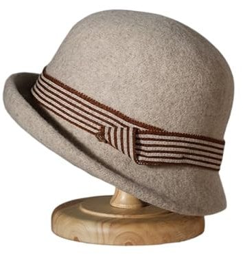AYWTIUN Fedora-Hut Filzhut, rundes Oberteil, modischer Kleiner Zylinder mit gewelltem Rand, Damen-Wollbeckenhut(Beige)