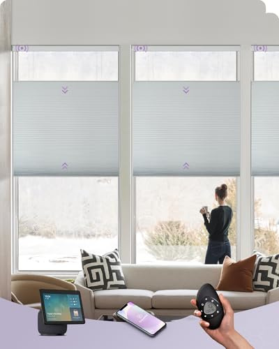 Graywind Smart Top Down Bottom Up Cellular Blinds Compatible with Alexa Google, Customized Blackout Motorized Pleated Shades for Windows, Solar Powered Electric TDBU Honeycomb Blinds, White