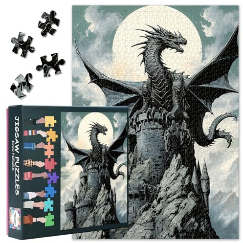 Drachenpuzzle Drache auf dem Hügel im Mondschein Puzzles für Erwachsene 1000 Teile Fantasy-Puzzle 1000 Teile, magisches Puzzle, 50x70 cm