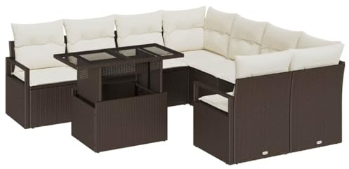 vidaXL 9-teiliges Garten-Sofa-Set mit Kissen in Braun und Creme, für draussen aus Poly-Rattan, mit höhenverstellbaren Füßen, bequemen Sitzen und modernem Design für Terrasse oder Garten