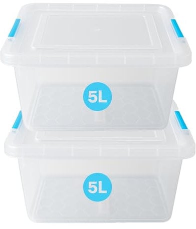 RelianceUK 2 X 5L Small Plastic Storage Box with Lids – Stackable Storage Containers with Clip Lock Lids – Plastic Storage Box with Lid for Home, Office, Garage, Crafts (5 Litre / 2 Pack)