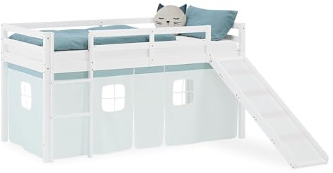 Homestyle4u Arikel 2932 Lit mezzanine, superposé, pour enfant, 90 x 200 cm, avec toboggan, blanc en pin massif avec rideau vert menthe