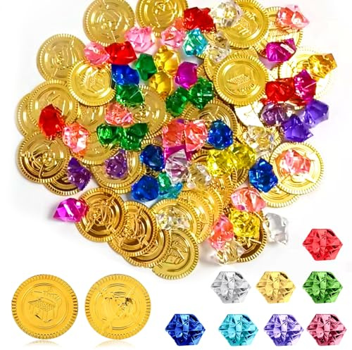 ASFWAGQ 100 Stück Piraten Goldmünzen Set,50 Pirat Münzen mit 50 Piraten Edelsteine,Perfekt für Piraten Deko Kindergeburtstag,Kinder Piratenschatz,Schatzsuche