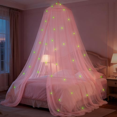 SYHITOU Pink Princess Bed Canopy for Girls with Glowing Stars, Canopy Bed Curtains for Twin, Full, and Queen Sizes; Ceiling Tent for Reading Nooks, Mosquito Net for Indoor Room Decor and Outdoor Use