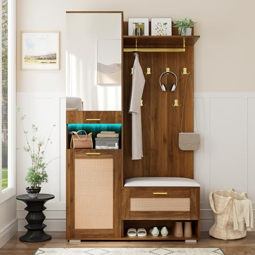 Oslghy Garderoben Set, Garderobenset Flur, Flurgarderobe Set mit Spiegel und 16-Farbiger LED, Wandgarderobe mit Schuhbank und Kissen, Kompaktgarderobe Schuhschrank mit 5 Kleiderhaken (White, Walnut)