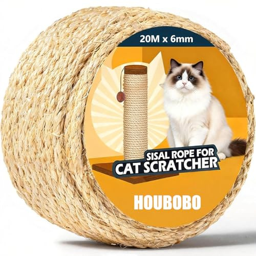 Natural Sisal Rope for Cat Scratcher, 20M x 6mm Cat Tree Rope Twine for Cat Scratching Post Replacement, DIY Thick Twine for Craft Projects Garden Home Decoration Packing Bundling