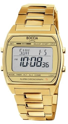 Boccia Titanium Digitaluhr 3738-08 Titan goldfarben 37 mm, Herren Unisex Quarz Armbanduhr mit Titanband, Alarm Stoppuhr Timer Dualzeit, wasserdicht 5 bar, leicht und antiallergisch