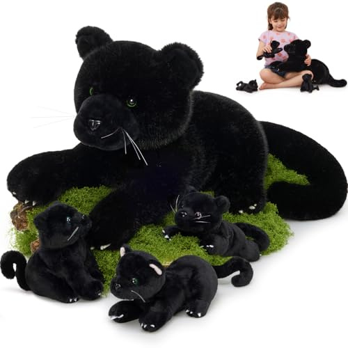 MorisMos Grande pantera, peluche XXL con bambino nella pancia, 45 cm, morbido peluche gigante pantera, giocattolo di compleanno, regalo di Natale per bambini