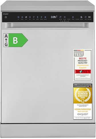 Exquisit GSP9616-450B Inox Geschirrspüler - 16 Gedecke, 60cm, Klasse B | Freistehende Spülmaschine mit 8 Programmen, Besteckschublade, 45 dB, Aquastop, Selbstreinigung und Startzeitvorwahl