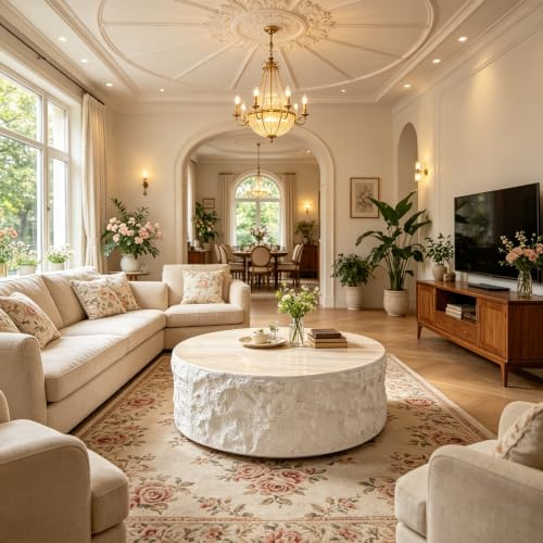 Round Coffee Table with Stone Texture, Fiberglass Construction with Sticker Finish, Modern Accent Table for Living Room