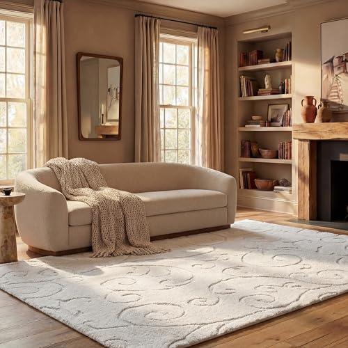 SAFAVIEH Florida Shag Collection Area Rug - 6' x 9', Cream & Cream, Scroll Design, Non-Shedding & Easy to Clean, High-Low Plush Pile, Ideal for Living Room, Bedroom, Dining Space (SG455-1111)
