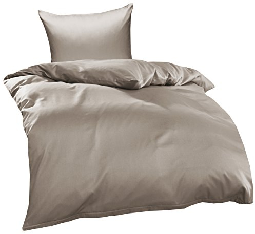 Bettwaesche-mit-Stil Mako Interlock Jersey Bettwäsche Garnitur Uni/enfarbig 100% Baumwolle 155x220 + 80x80 cm Taupe Braun