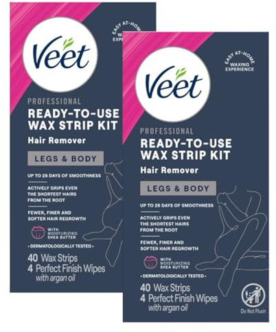 VEET Ready-To-Use Waxing Kit For Women, Wax Strips For Body Hair Removal, Wax Kit For Legs and Body, Personal Care Product, Hair Remover, 40ct Waxing Strips, 4ct Body Wipes (2 Pack)