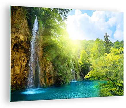 Moderne Impression sur Verre Cascade Forrest Ciel Image Tableau en Verre Decoration Murale 70x50cm Deco Cadre Salon Chambre Cuisine Horizontal Petit Tableaux Decoratifs Muraux Art Wall GAA70x50-0157