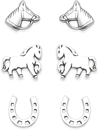 Ohrstecker-Set aus 925er Sterlingsilber, Design: Pferde, 3 Paar, Größe: 8 mm Motive: Pferd, Pferdehuf und Pferdekopf, mit Geschenkbox 5024SET