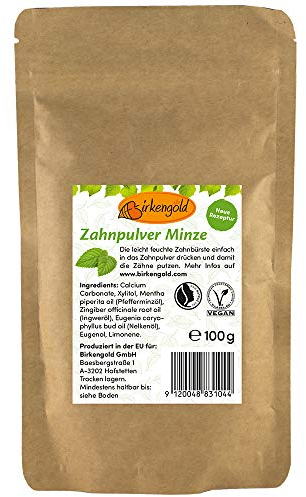 Birkengold Zahnpulver Minze 100 g Nachfüllbeutel | Natürliches Zahnputzpulver mit Xylit ohne Fluorid | Veganes Zahnreinigungspulver für Kariesprophylaxe & Zahnschmelzschutz | Plastikfrei & Nachhaltig