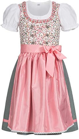 Nübler Dirndl Mädchen NINA - 3-teiliges Set mit Dirndlkleid, Trachtenbluse & Schürze im traditionellen Stil - Original bayerische Tracht, Hochwertige Qualität, Weiß-Rosa, Größe:110