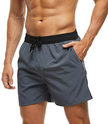 Arcweg Men's Swimming Shorts Mens Swim Trunks with Zipper Pockets Swim Shorts Mesh Lining Stretchy Board Shorts Surfing Beach Shorts Quick Dry Black and Grey XL(UK)