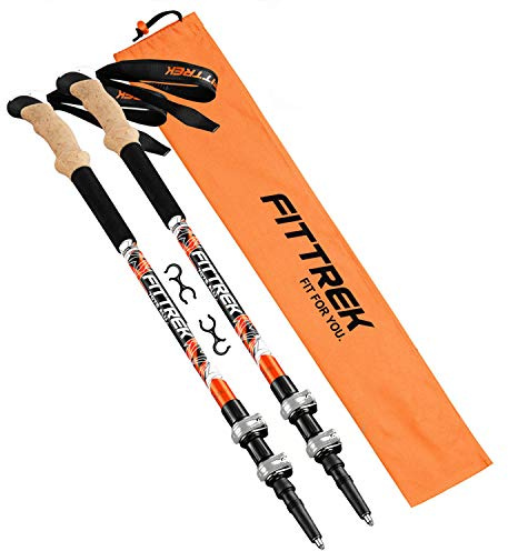 FitTrek Wanderstöcke - Trekkingstöcke - Walking Stöcke Teleskop - Nordic Walking Stock Verstellbar Kork Leicht für Damen, Herren und Kinder mit Gummipuffer, Pads und Tasche